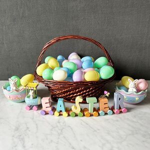 Easter Table Decor Wicker Basket - Plastic Eggs - Bunny Dishes - Wooden Letters